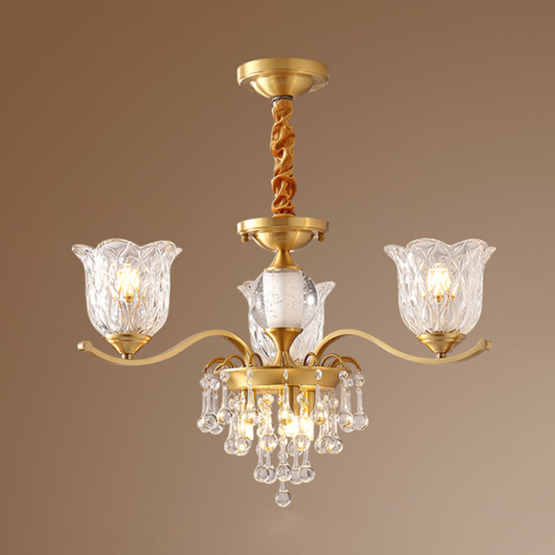 European Style Chandelier Brass Flower Shape Hanging Light with Crystal for Bedroom
