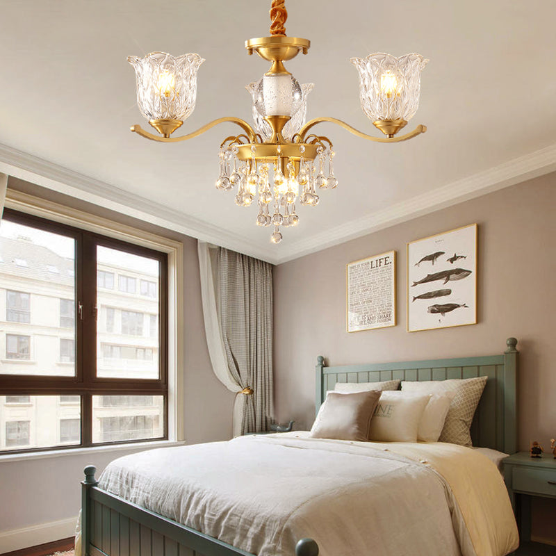 European Style Chandelier Brass Flower Shape Hanging Light with Crystal for Bedroom