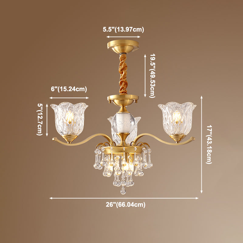 European Style Chandelier Brass Flower Shape Hanging Light with Crystal for Bedroom