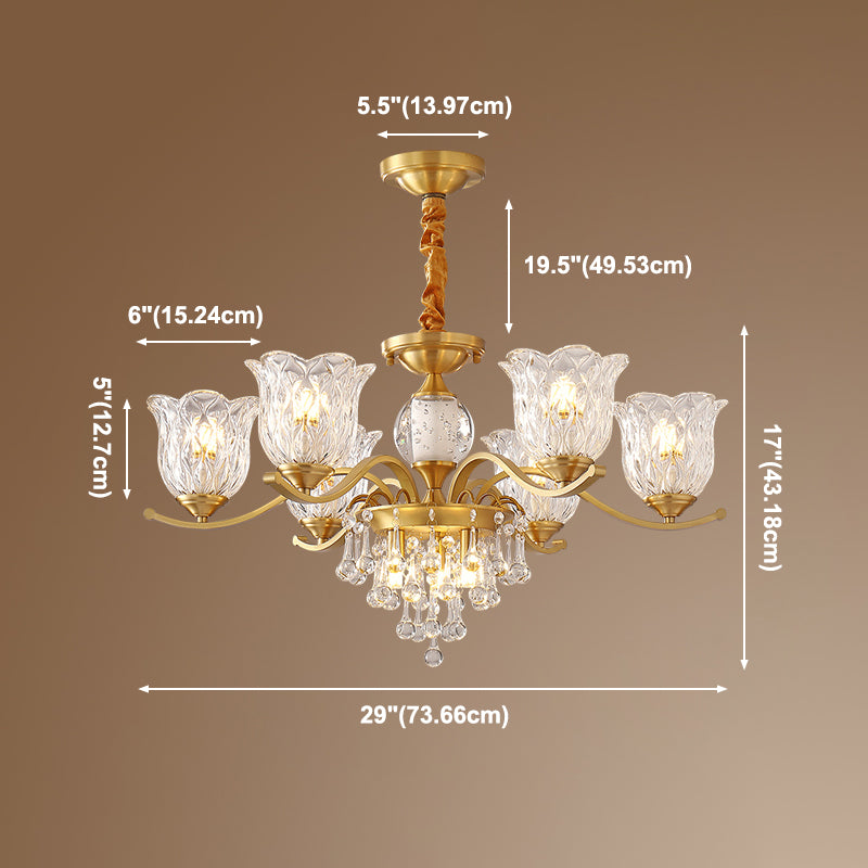 European Style Chandelier Brass Flower Shape Hanging Light with Crystal for Bedroom