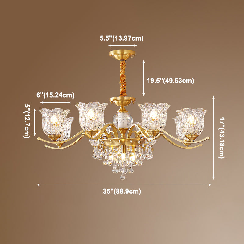European Style Chandelier Brass Flower Shape Hanging Light with Crystal for Bedroom