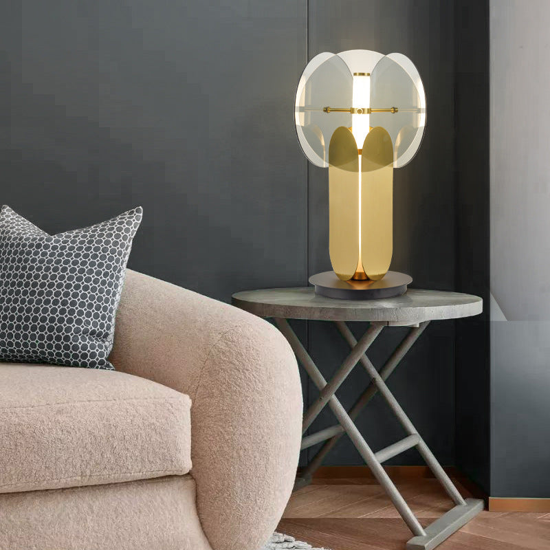 Kreisförmige Metall Nachttisch Lampe postmoderne Rauchgrauglas 1 Helles Wohnzimmertisch Licht in Gold