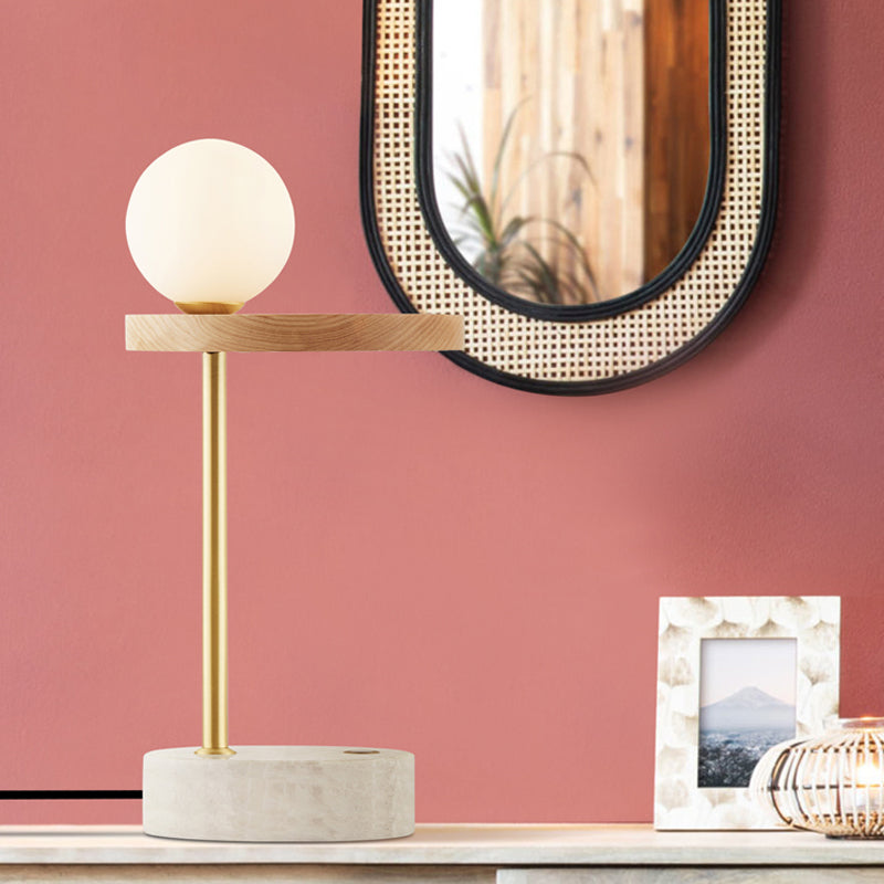 Lampada da comodino a sfera in legno, lampada da comodino asiatica a 1 luce in vetro opale per soggiorno