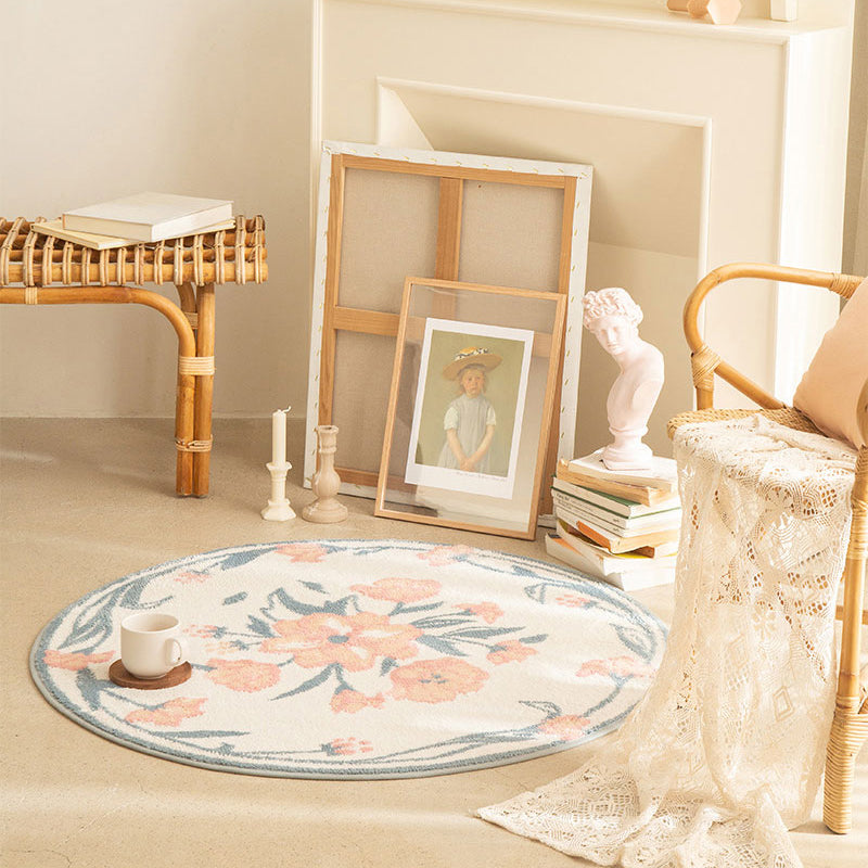 White Modern Rug Blending Flower Rug Washable Indoor Rug for Living Room