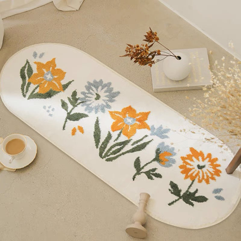 Tapis de fleur en polyester moderne blanc Tapis lavable pour le salon