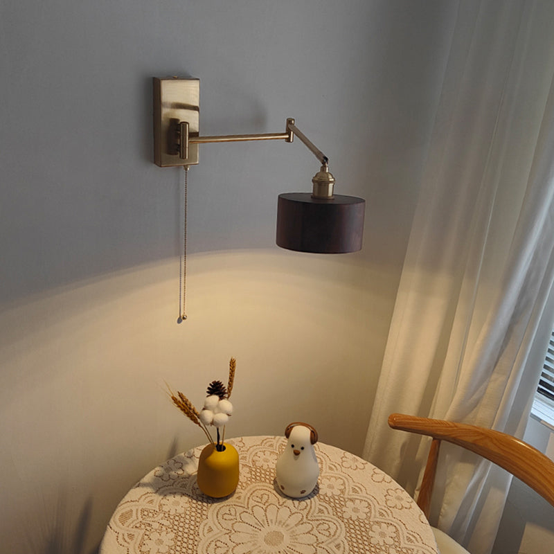 Wood Swing Arm Wall Lighting Modern Half Cylinder 1 Light Wall Light Fixture in Brown