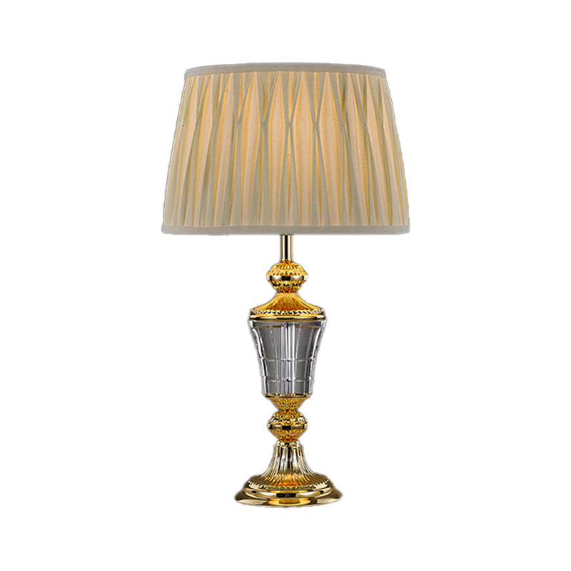 Lampada da tavolo moderna a 1 testa con lampada da scrivania piccola a tamburo affusolato bianco con paralume in tessuto