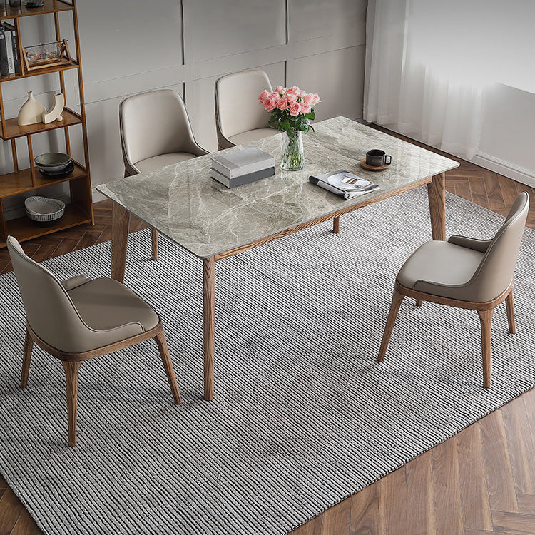 Mesa rectangular con tapa de piedra sinterizada en mesa de cocina gris con base de madera y 4 patas