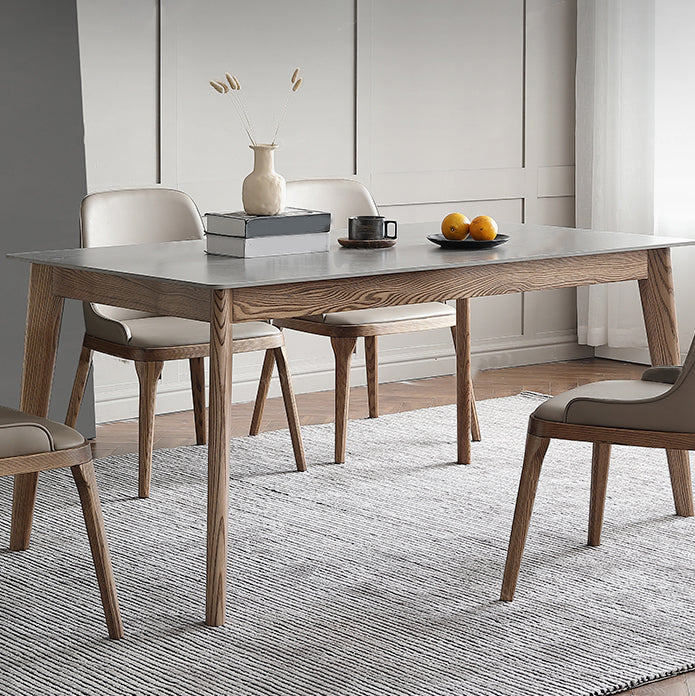 Mesa rectangular con tapa de piedra sinterizada en mesa de cocina gris con base de madera y 4 patas