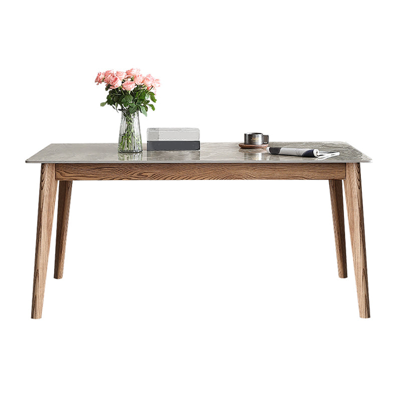 Mesa rectangular con tapa de piedra sinterizada en mesa de cocina gris con base de madera y 4 patas