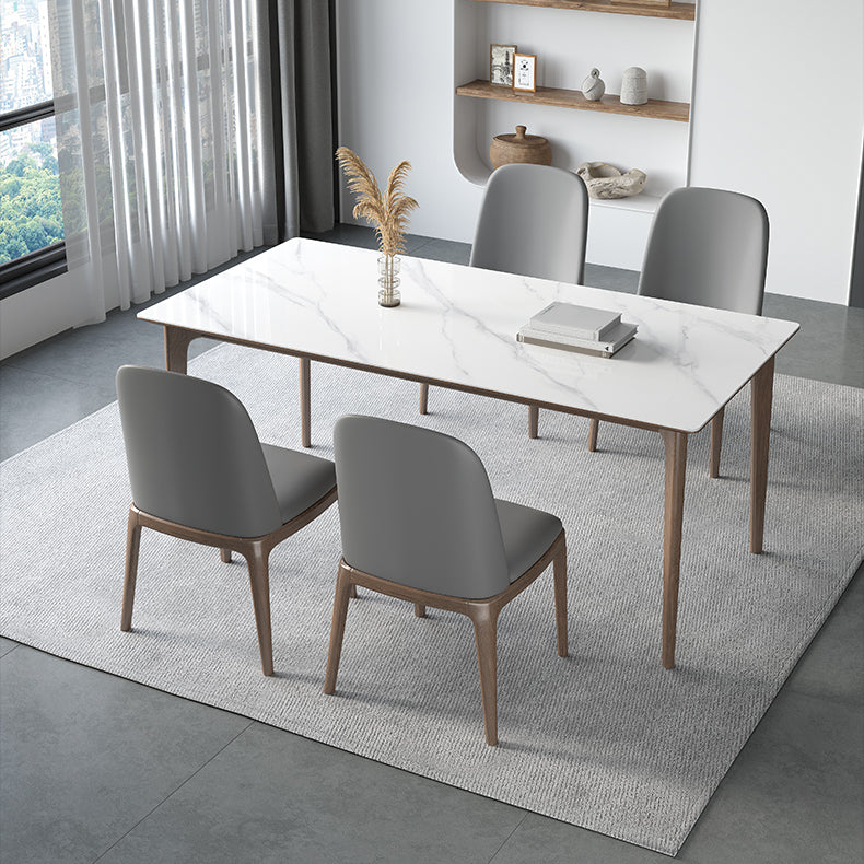 Sintered Stone Rectangle White Table Kitchen Table with Wooden Base and 4 Legs