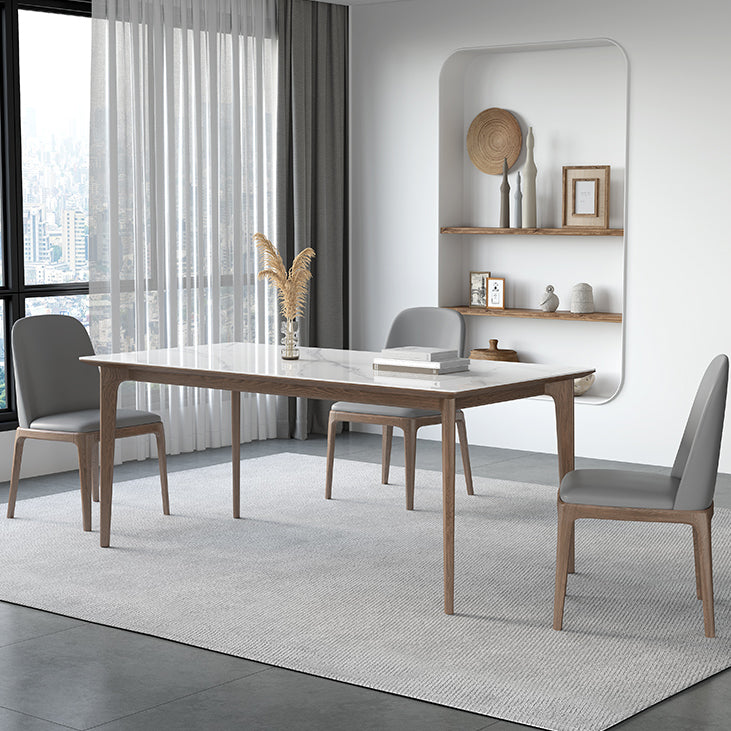 Sintered Stone Rectangle White Table Kitchen Table with Wooden Base and 4 Legs