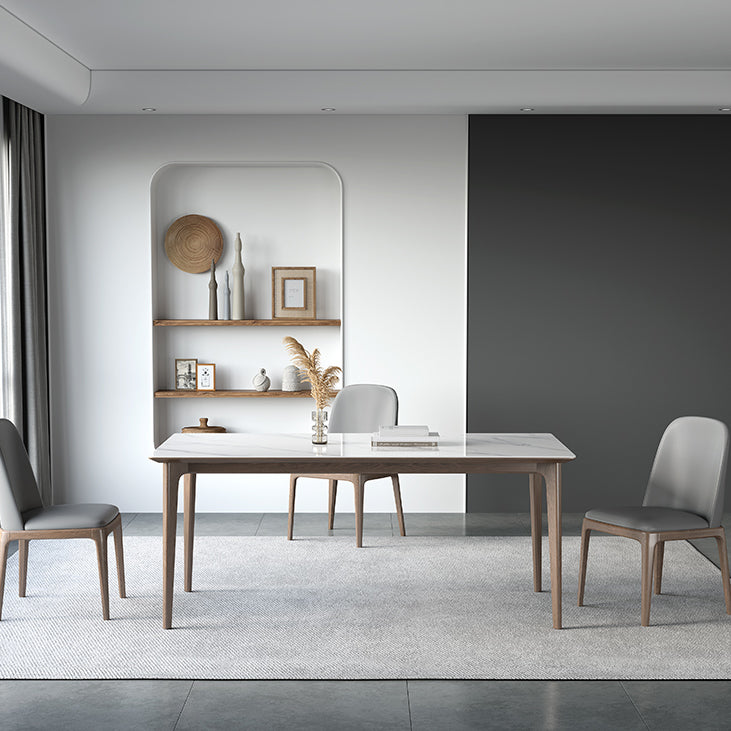 Sintered Stone Rectangle White Table Kitchen Table with Wooden Base and 4 Legs