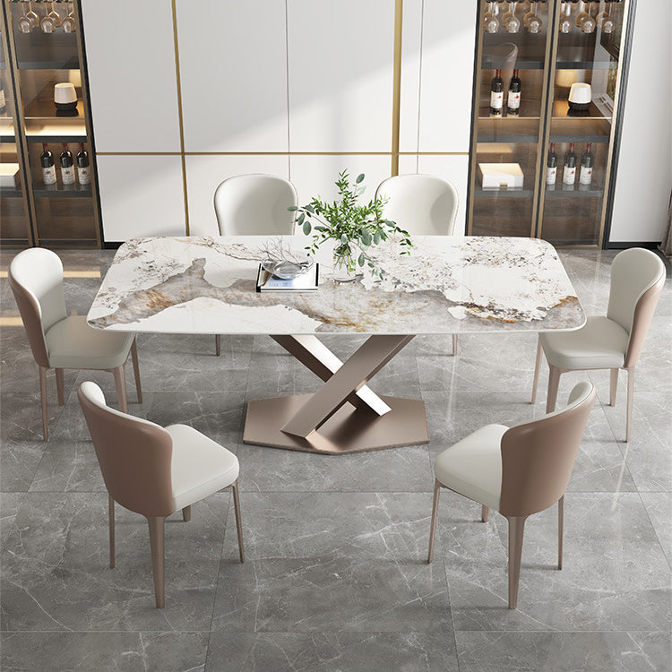 Sintered Stone Top Dining Table Rectangle Kitchen Table with Metal Pedestal