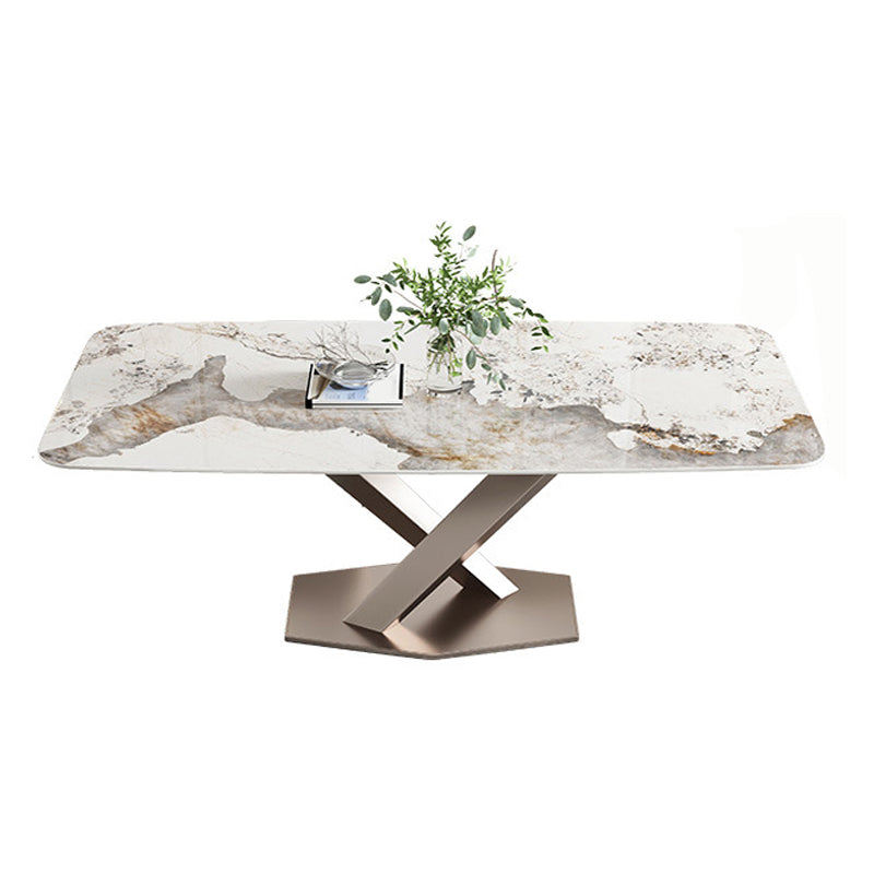 Sintered Stone Top Dining Table Rectangle Kitchen Table with Metal Pedestal