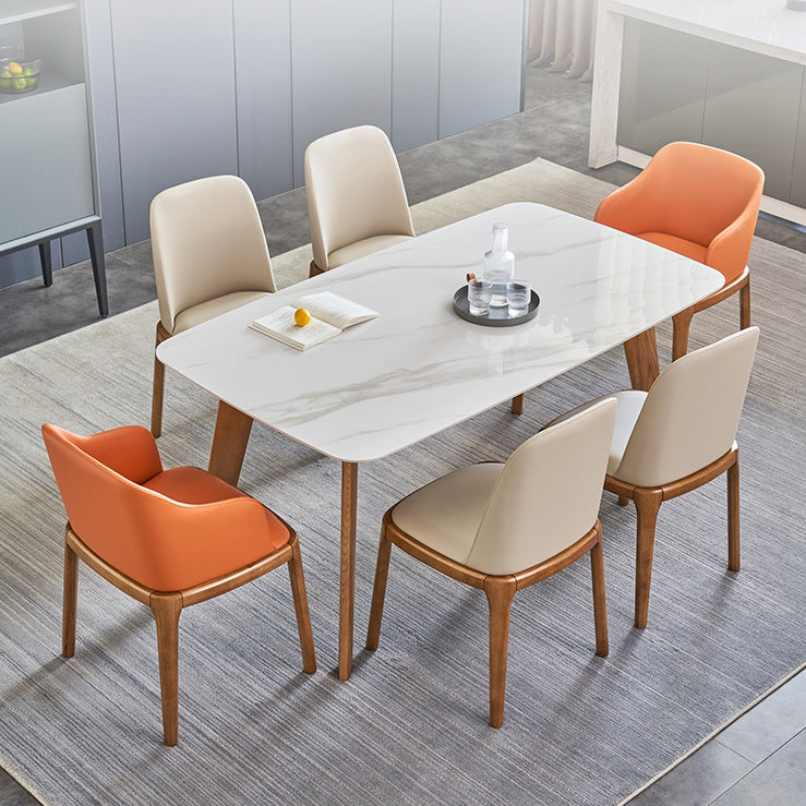 Mesa moderna de mediados de siglo de madera maciza, mesa rectangular de piedra sinterizada blanca