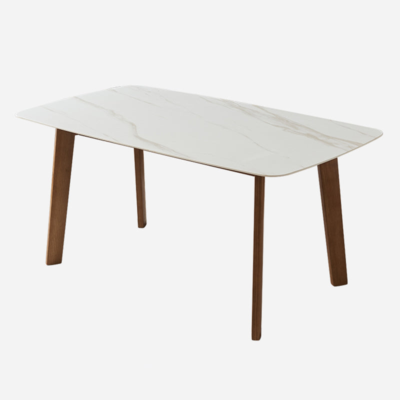 Mesa moderna de mediados de siglo de madera maciza, mesa rectangular de piedra sinterizada blanca