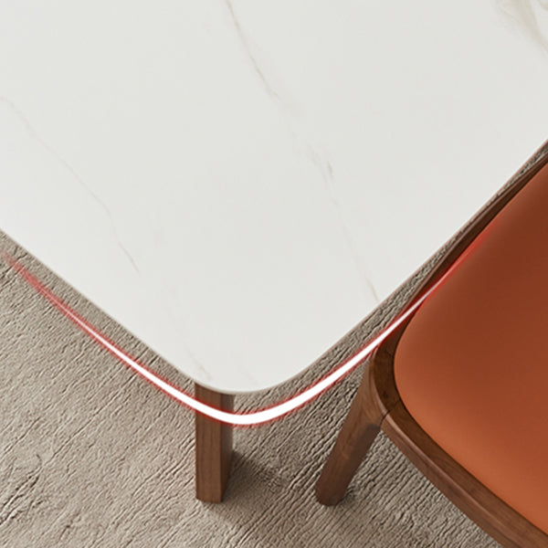 Mesa moderna de mediados de siglo de madera maciza, mesa rectangular de piedra sinterizada blanca