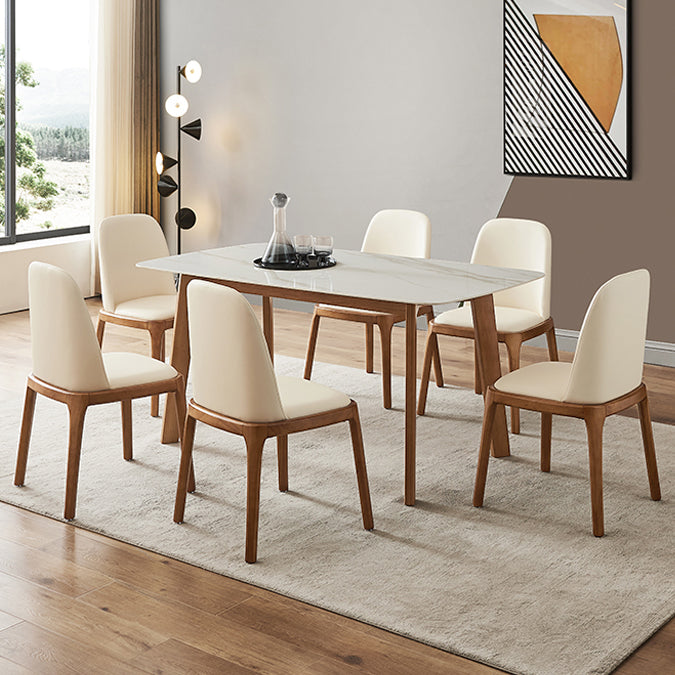 Mesa moderna de mediados de siglo de madera maciza, mesa rectangular de piedra sinterizada blanca