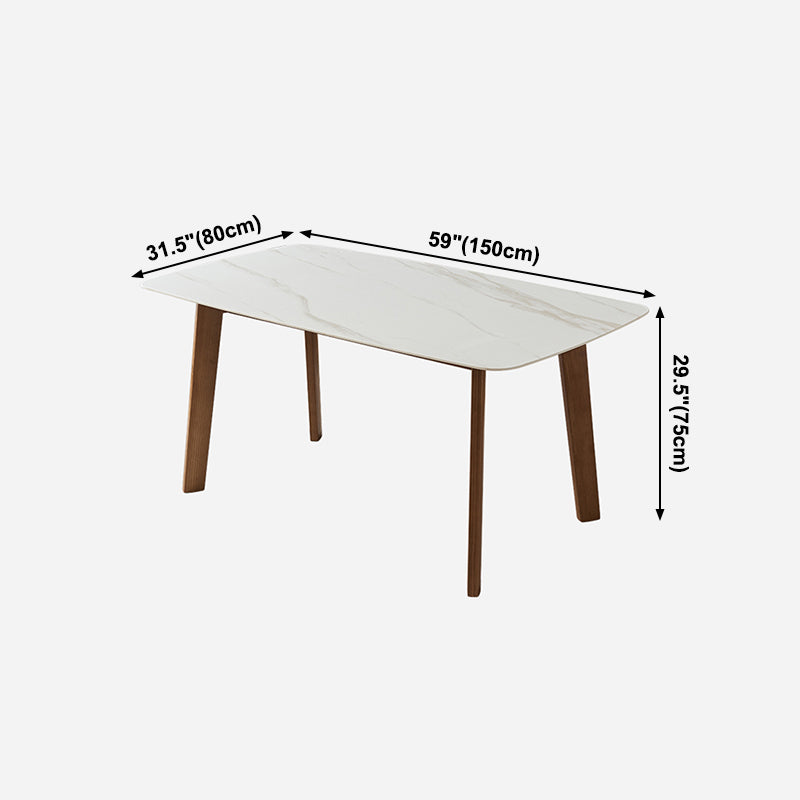 Mesa moderna de mediados de siglo de madera maciza, mesa rectangular de piedra sinterizada blanca