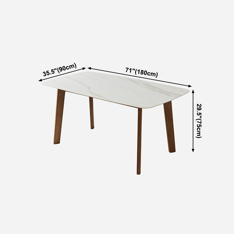 Mesa moderna de mediados de siglo de madera maciza, mesa rectangular de piedra sinterizada blanca