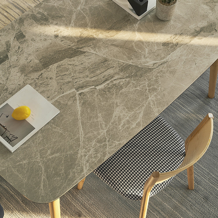 Mesa moderna de mediados de siglo de madera maciza, mesa rectangular de piedra sinterizada con 4 patas