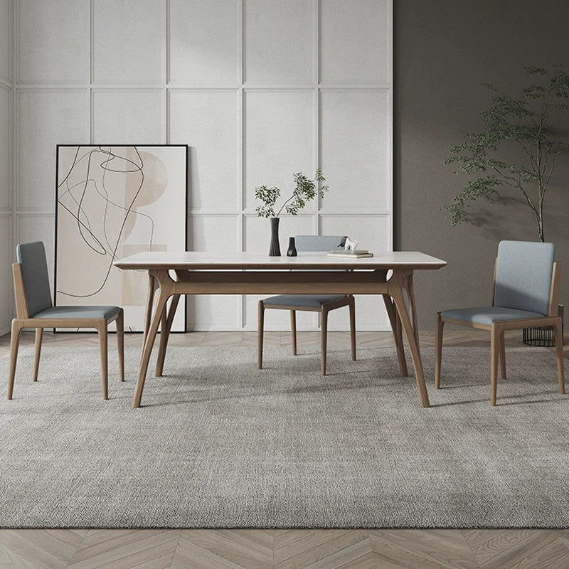 Mesa de comedor rectangular de piedra sinterizada Tapa de piedra blanca con base de madera y 4 patas