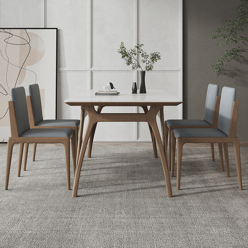 Mesa de comedor rectangular de piedra sinterizada Tapa de piedra blanca con base de madera y 4 patas
