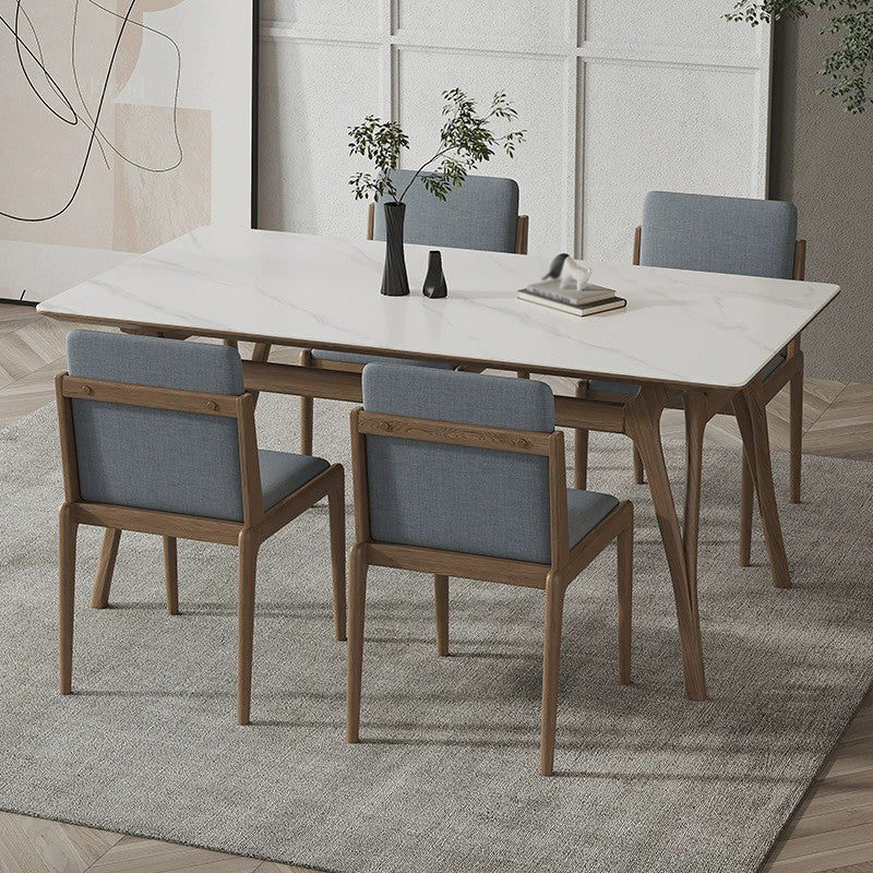 Mesa de comedor rectangular de piedra sinterizada Tapa de piedra blanca con base de madera y 4 patas