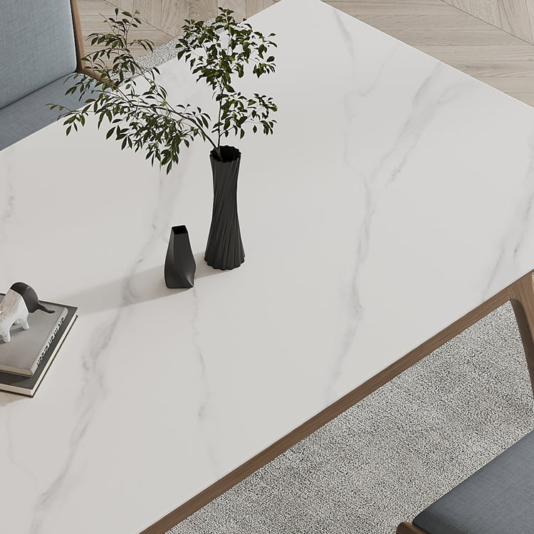 Mesa de comedor rectangular de piedra sinterizada Tapa de piedra blanca con base de madera y 4 patas