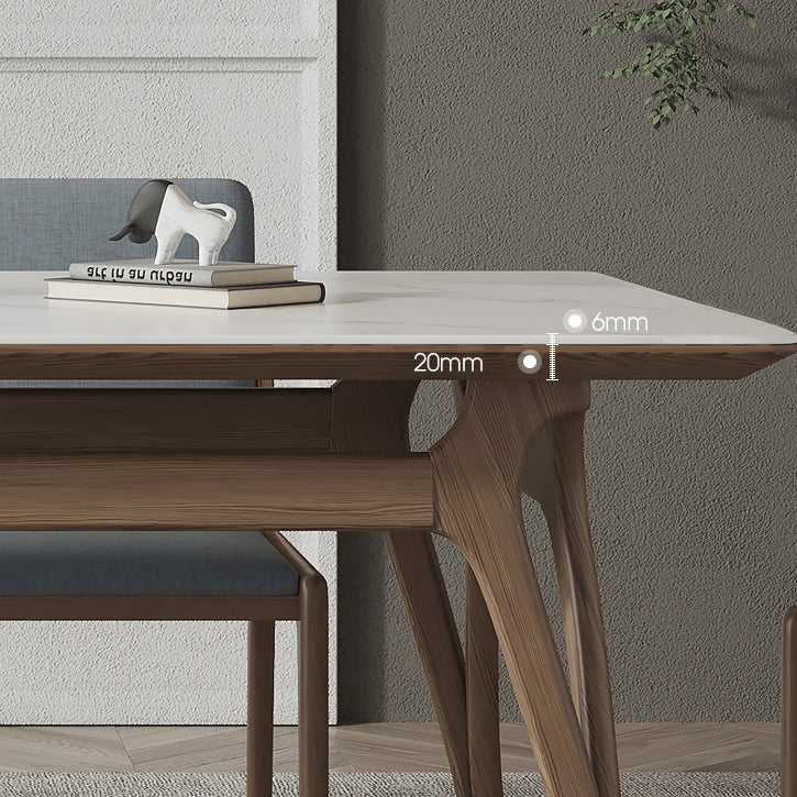 Mesa de comedor rectangular de piedra sinterizada Tapa de piedra blanca con base de madera y 4 patas