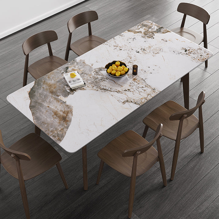 Mesa de comedor moderna de mediados de siglo, mesa de comedor rectangular de piedra sinterizada con base de madera