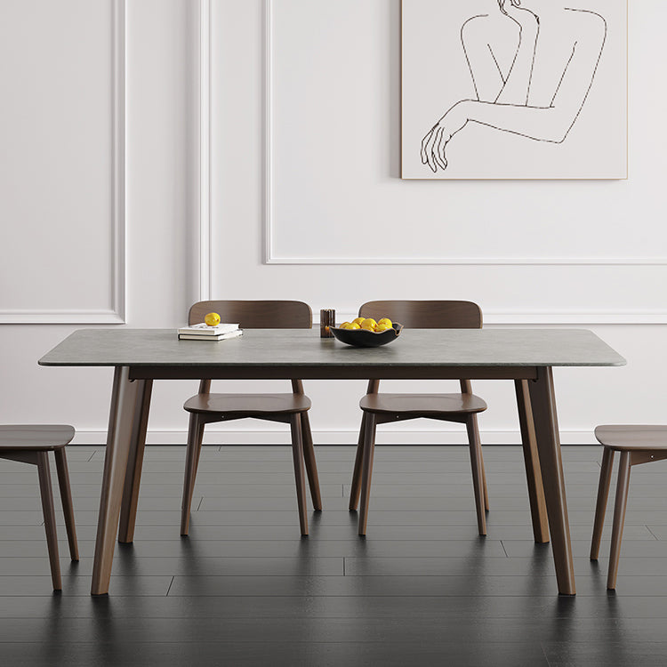 Mesa de comedor moderna de mediados de siglo, mesa de comedor rectangular de piedra sinterizada con base de madera