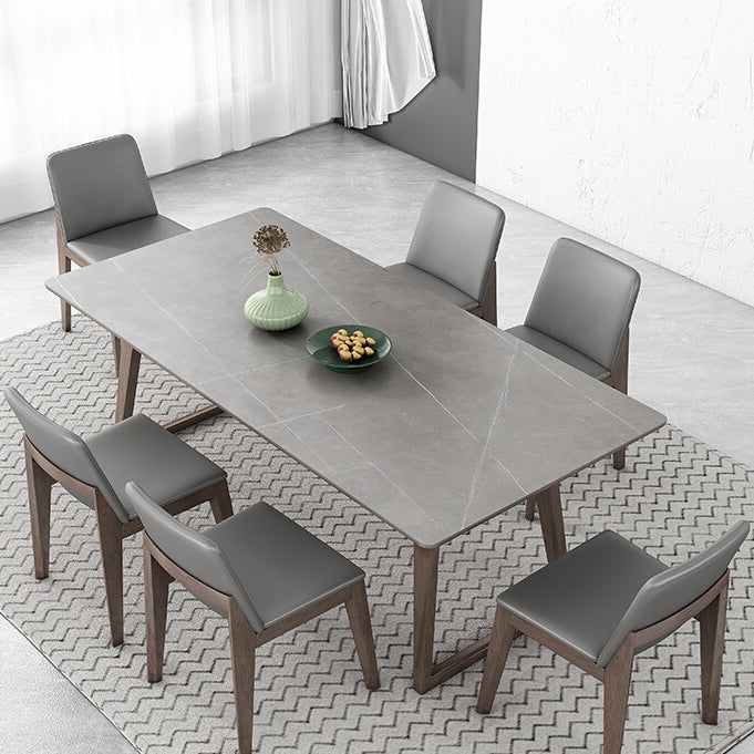 Mid-Century Modern Dining Table Gray Sintered Stone Dining Table with Wood Base