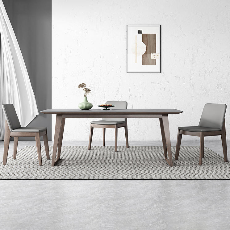 Mid-Century Modern Dining Table Gray Sintered Stone Dining Table with Wood Base