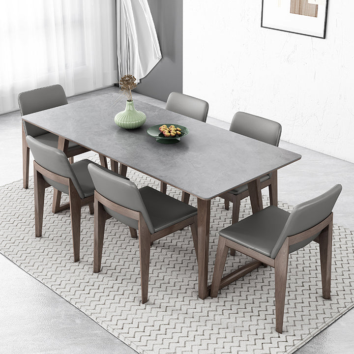 Mid-Century Modern Dining Table Gray Sintered Stone Dining Table with Wood Base