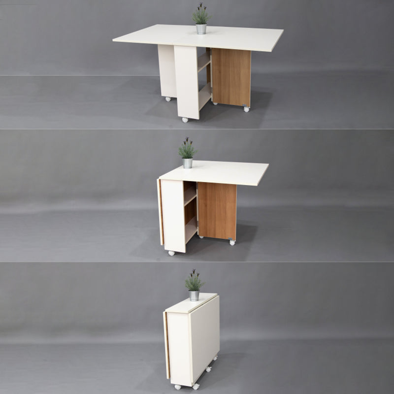 Artificial Foldable Wooden Top Table Extendable Rectangle Table with Storage Trestle Base