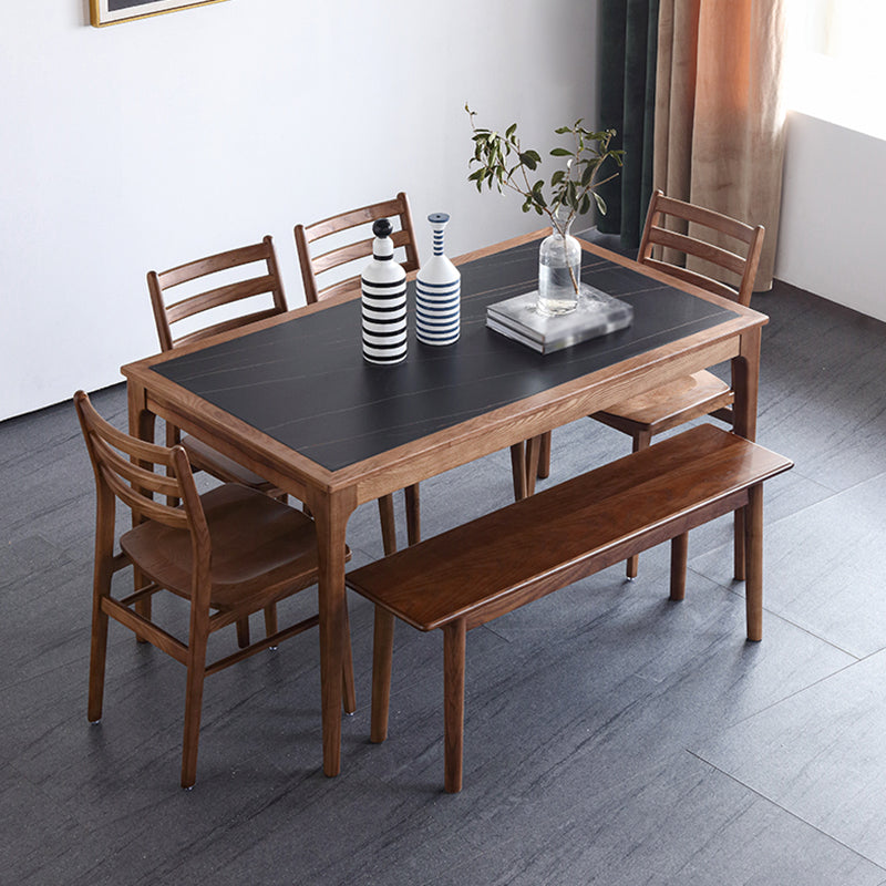 Sintered Stone Top Dining Table in Black Rectangle Table with Wooden Base and 4 Legs