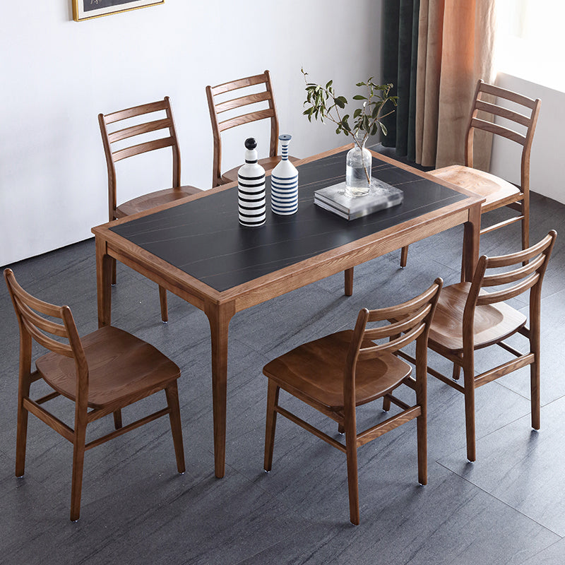 Sintered Stone Top Dining Table in Black Rectangle Table with Wooden Base and 4 Legs