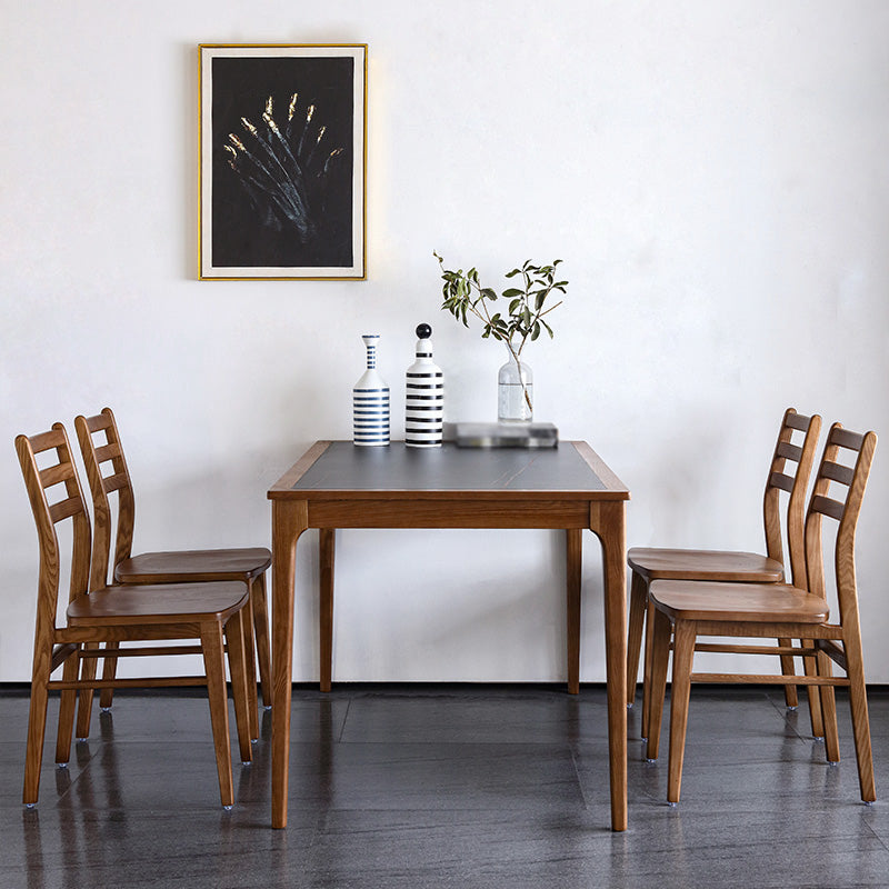 Sintered Stone Top Dining Table in Black Rectangle Table with Wooden Base and 4 Legs