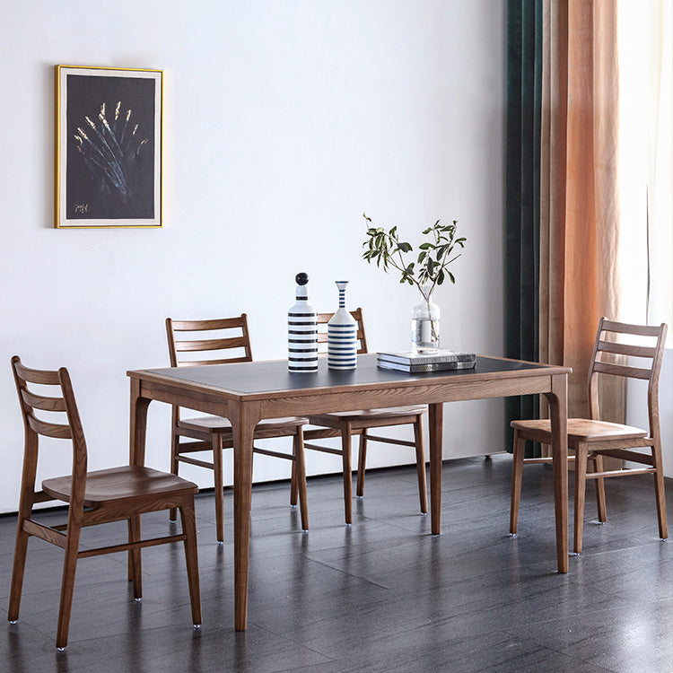 Sintered Stone Top Dining Table in Black Rectangle Table with Wooden Base and 4 Legs
