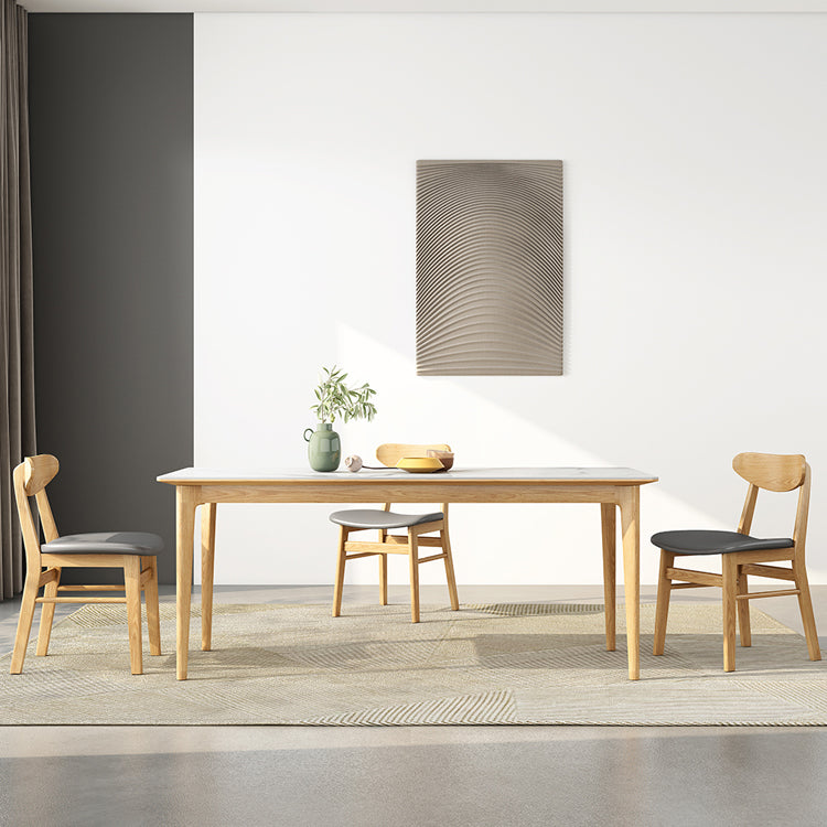 Midcentury Rectangle Dining Table Sintered Stone Table with 4 Legs Wood Base