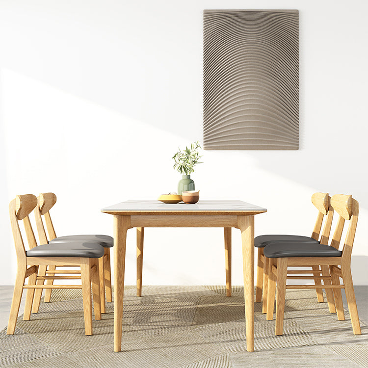 Midcentury Rectangle Dining Table Sintered Stone Table with 4 Legs Wood Base