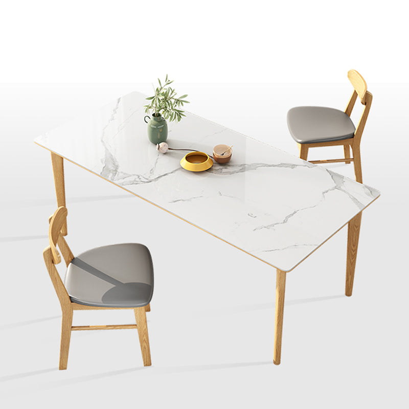 Midcentury Rectangle Dining Table Sintered Stone Table with 4 Legs Wood Base
