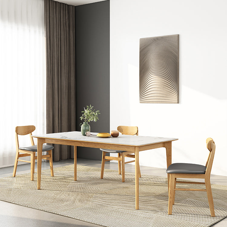 Midcentury Rectangle Dining Table Sintered Stone Table with 4 Legs Wood Base