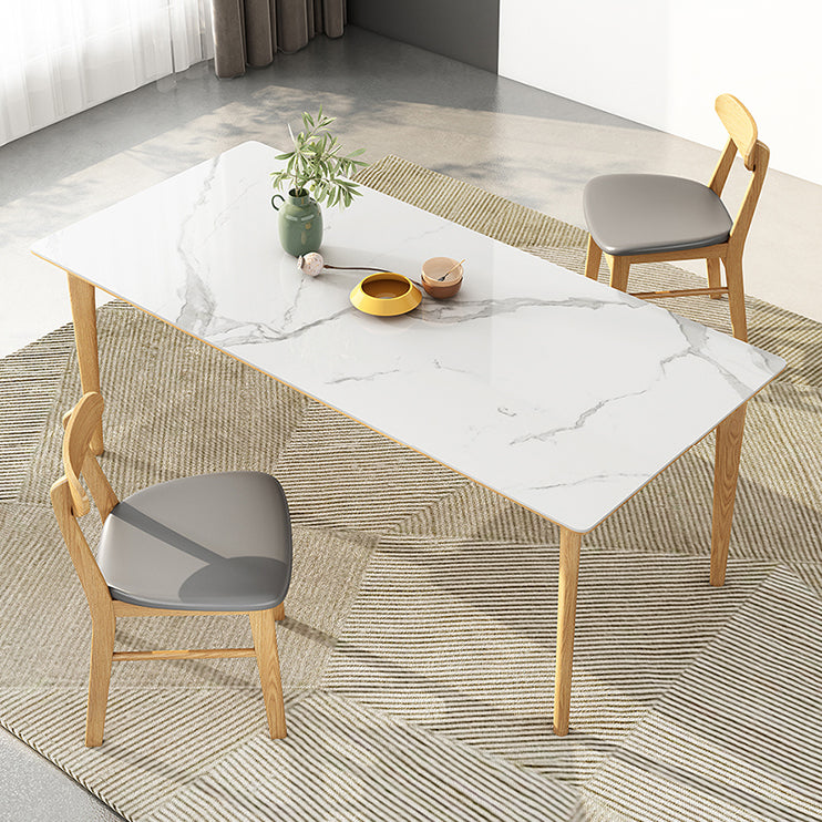 Midcentury Rectangle Dining Table Sintered Stone Table with 4 Legs Wood Base