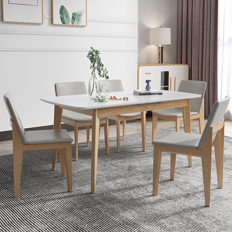 Sintered Stone Top Extendable Table in White Kitchen Table with Ash Wood Base and 4 Legs