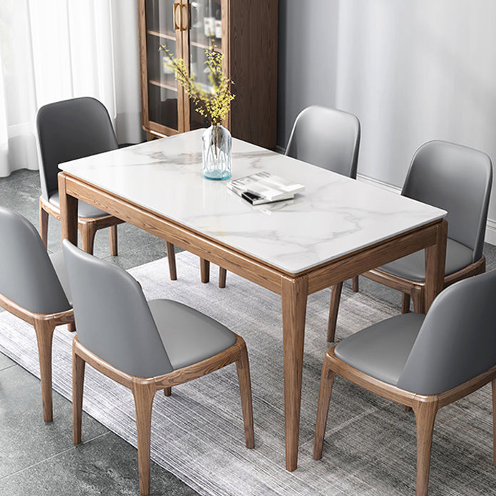 Mesa de comedor rectangular moderna de mediados de siglo, mesa de piedra sinterizada con base de madera de 4 patas