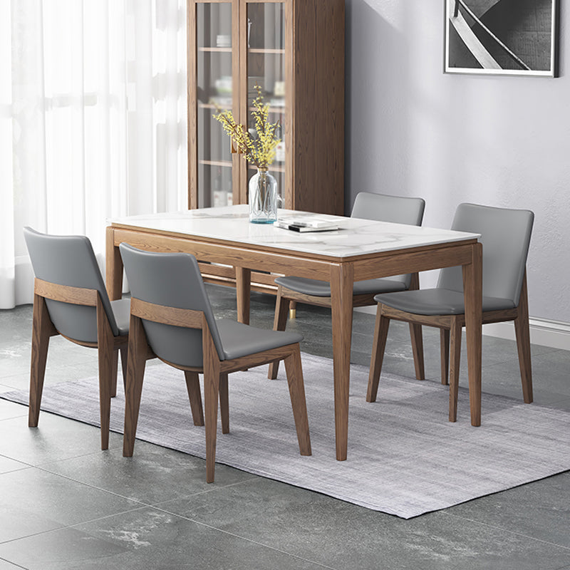 Mesa de comedor rectangular moderna de mediados de siglo, mesa de piedra sinterizada con base de madera de 4 patas
