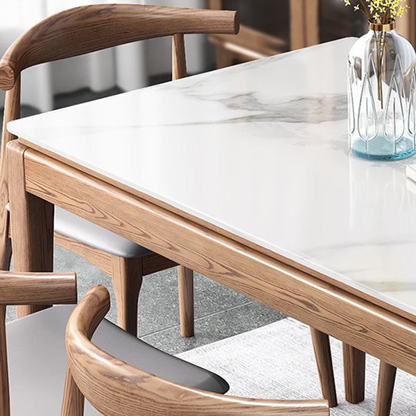 Mesa de comedor rectangular moderna de mediados de siglo, mesa de piedra sinterizada con base de madera de 4 patas